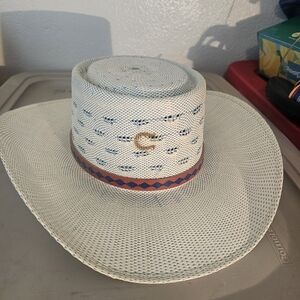 Charlies Cream Straw Cowboy Hat with Brown Trim and Blue Accents